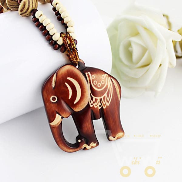 Hand Made Bead Wood Elephant Necklace - WikiWii