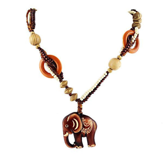 Hand Made Bead Wood Elephant Necklace - WikiWii