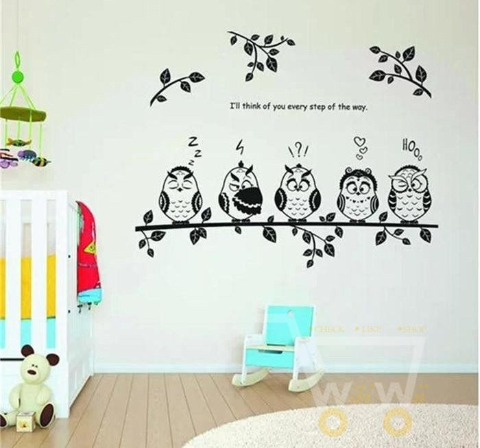 happy owl family stand on the branch PVC wall stickers - WikiWii
