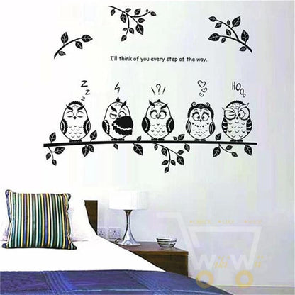happy owl family stand on the branch PVC wall stickers - WikiWii