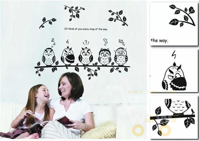 happy owl family stand on the branch PVC wall stickers - WikiWii