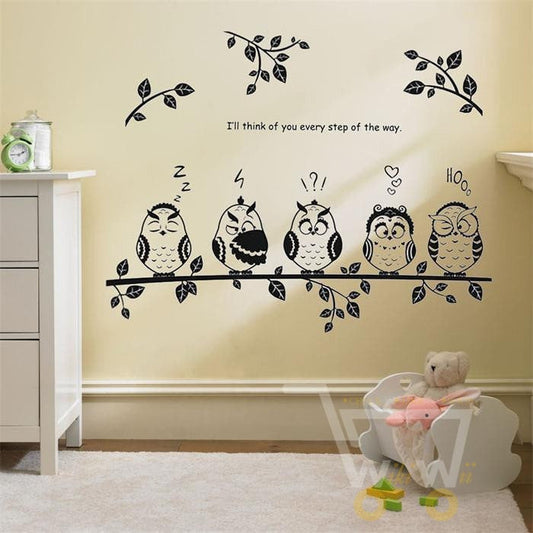 happy owl family stand on the branch PVC wall stickers - WikiWii