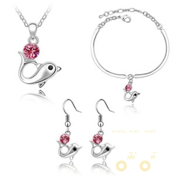 18 kg white Gold crystal Jewelry Set Dolphin necklace, earrings & Bracelet - WikiWii