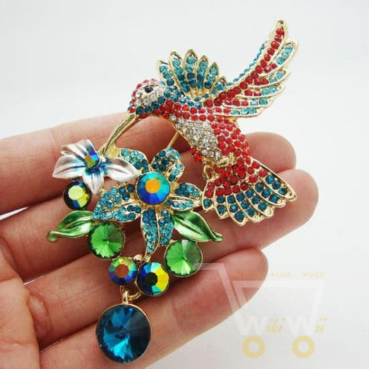 Hummingbird Flower Crystal Brooch - WikiWii