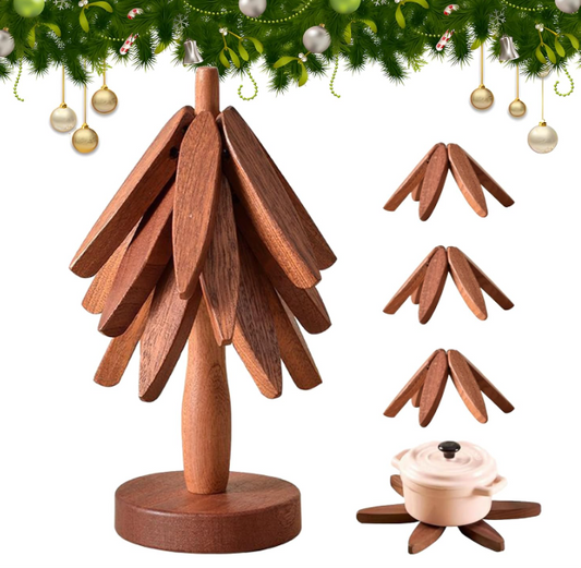 Christmas Tree Trivet Set - 4 Wooden Trivets & 1 Stand