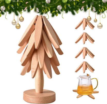 Christmas Tree Trivet Set - 4 Wooden Trivets & 1 Stand