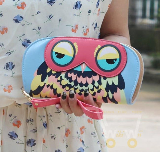 Leather Patchwork Long Wallets Cute Owl Prints - WikiWii