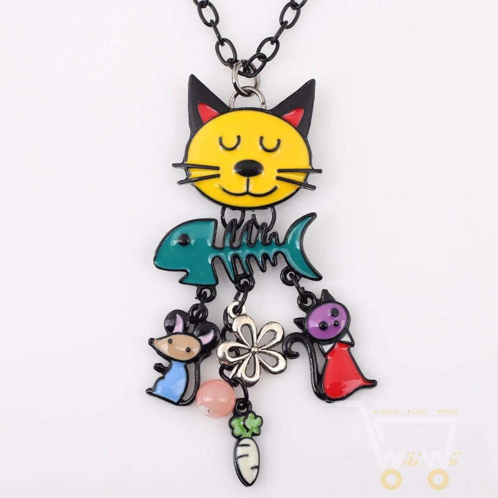 Long Chain Colorful Cat Necklace - WikiWii