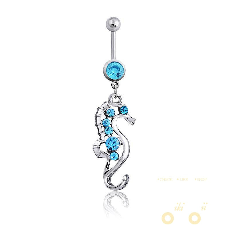 Medical Steel Crystal Rhinestone Sea Horse Charm Belly Button - WikiWii