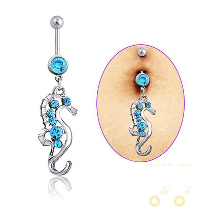 Medical Steel Crystal Rhinestone Sea Horse Charm Belly Button - WikiWii