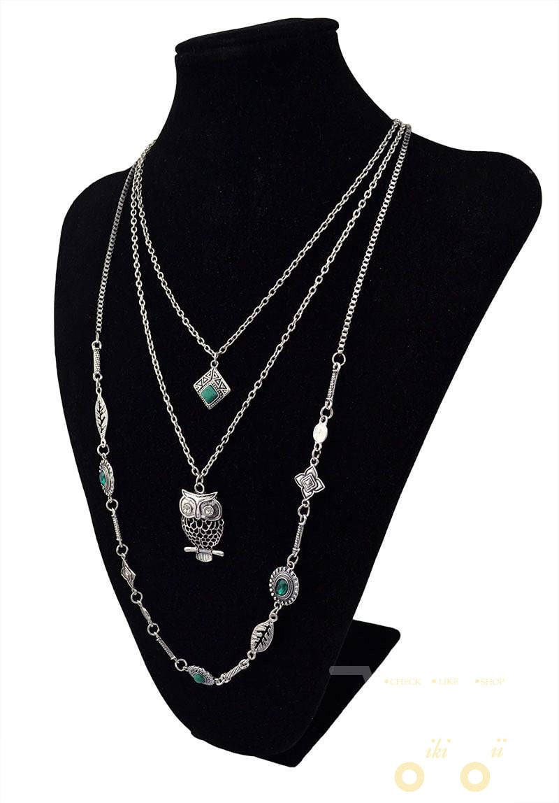 multi 3 strand emerald green crystal stone owl necklace - WikiWii