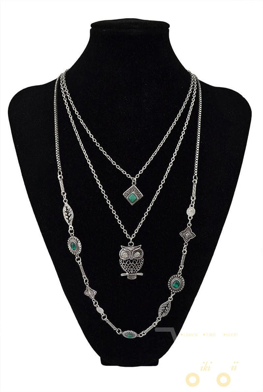 multi 3 strand emerald green crystal stone owl necklace - WikiWii