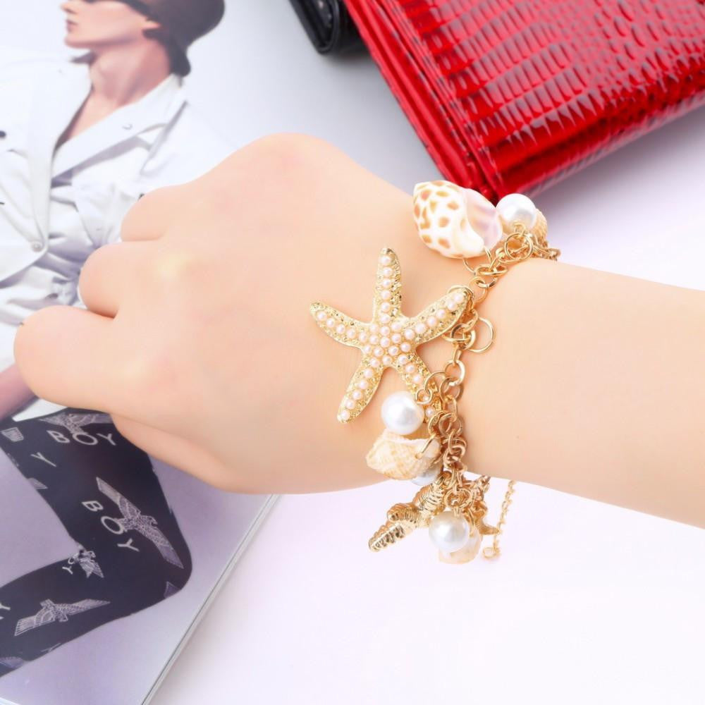 Multi Starfish Conch Shell Pearl Bracelet - WikiWii