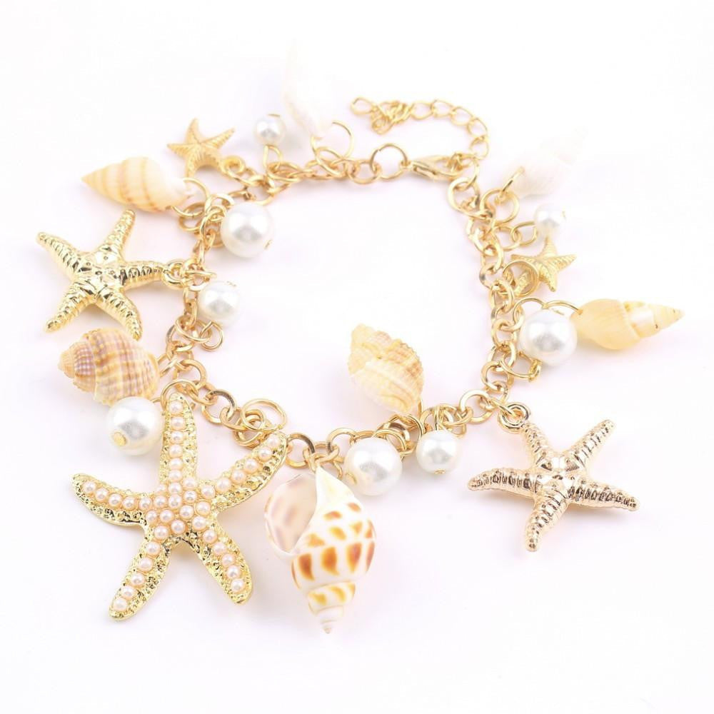 Multi Starfish Conch Shell Pearl Bracelet - WikiWii