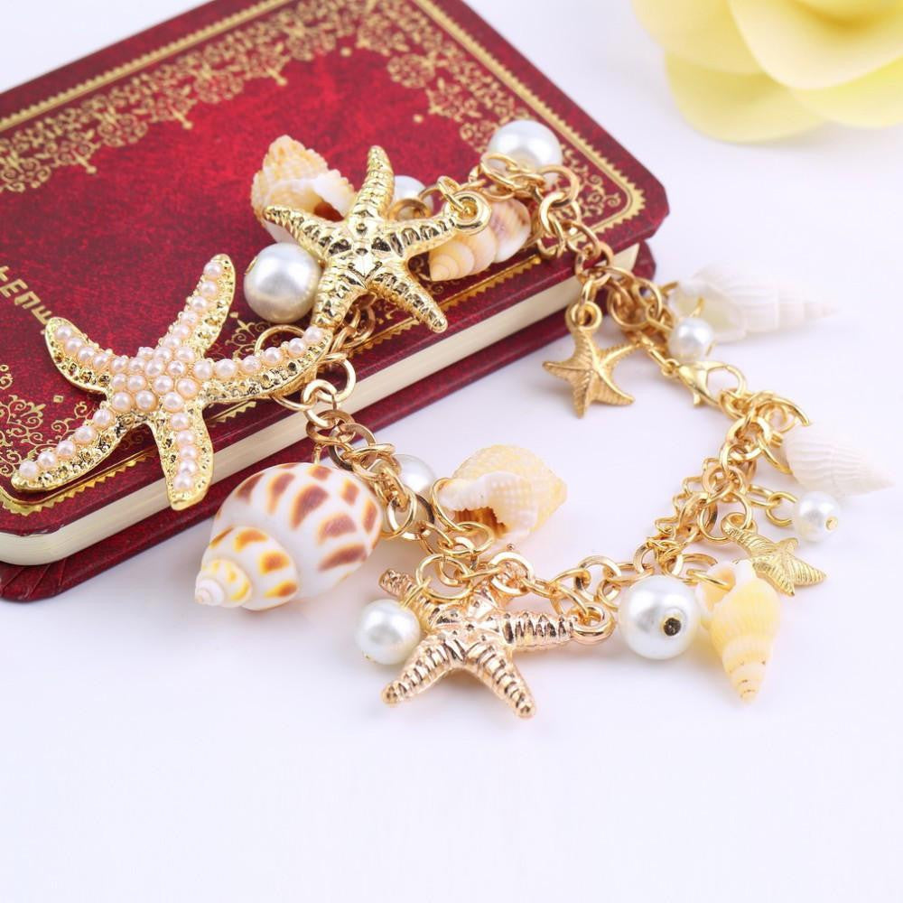 Multi Starfish Conch Shell Pearl Bracelet - WikiWii