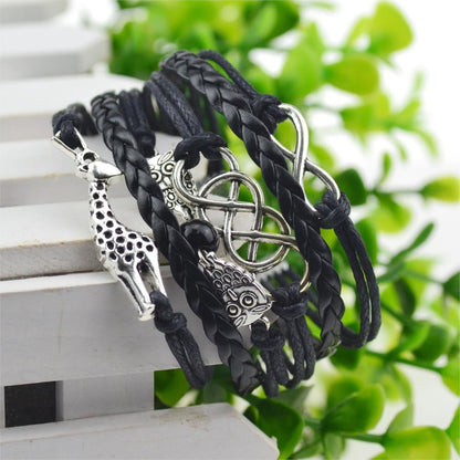 Multi-Strands Infinity Silver Color Owl & Giraffe Charm Leather - WikiWii