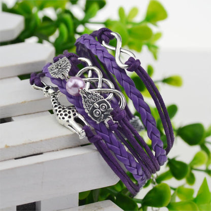 Multi-Strands Infinity Silver Color Owl & Giraffe Charm Leather - WikiWii