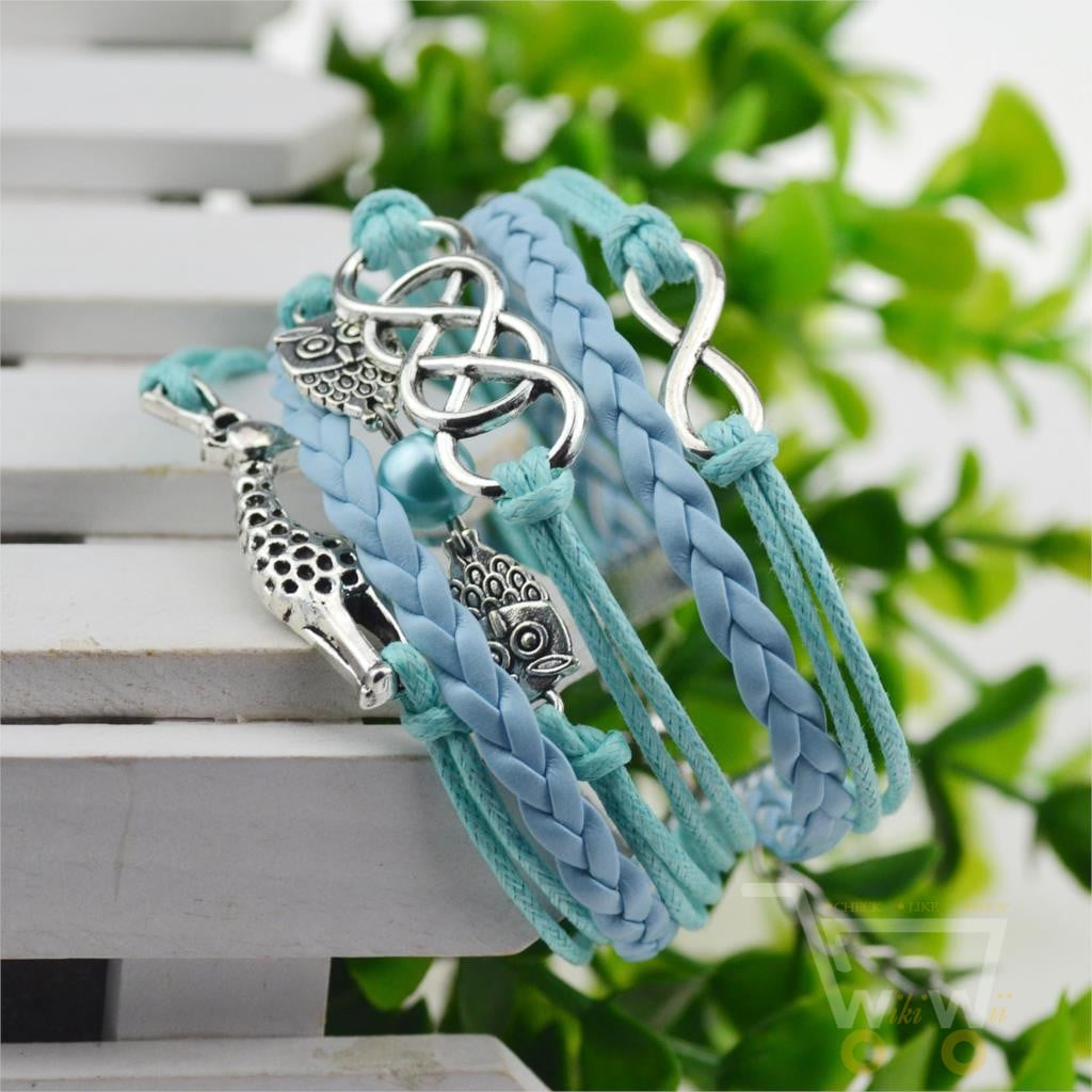 Multi-Strands Infinity Silver Color Owl & Giraffe Charm Leather - WikiWii