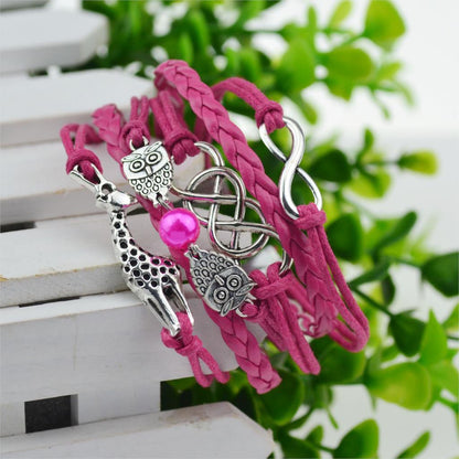 Multi-Strands Infinity Silver Color Owl & Giraffe Charm Leather - WikiWii