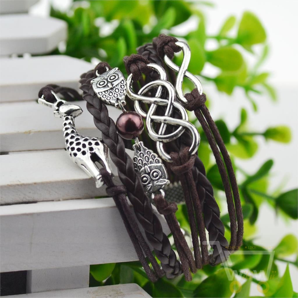 Multi-Strands Infinity Silver Color Owl & Giraffe Charm Leather - WikiWii