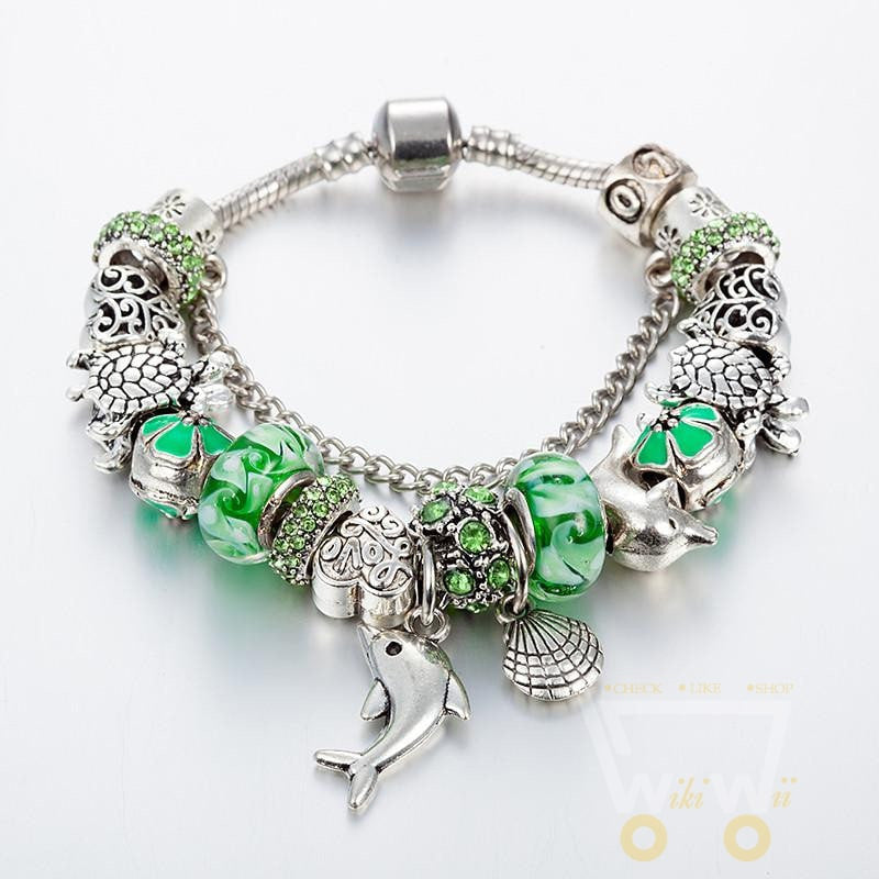 New Design Dolphins/Turtle Charm Green Glass Beads Bracelet - WikiWii