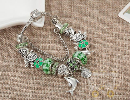 New Design Dolphins/Turtle Charm Green Glass Beads Bracelet - WikiWii