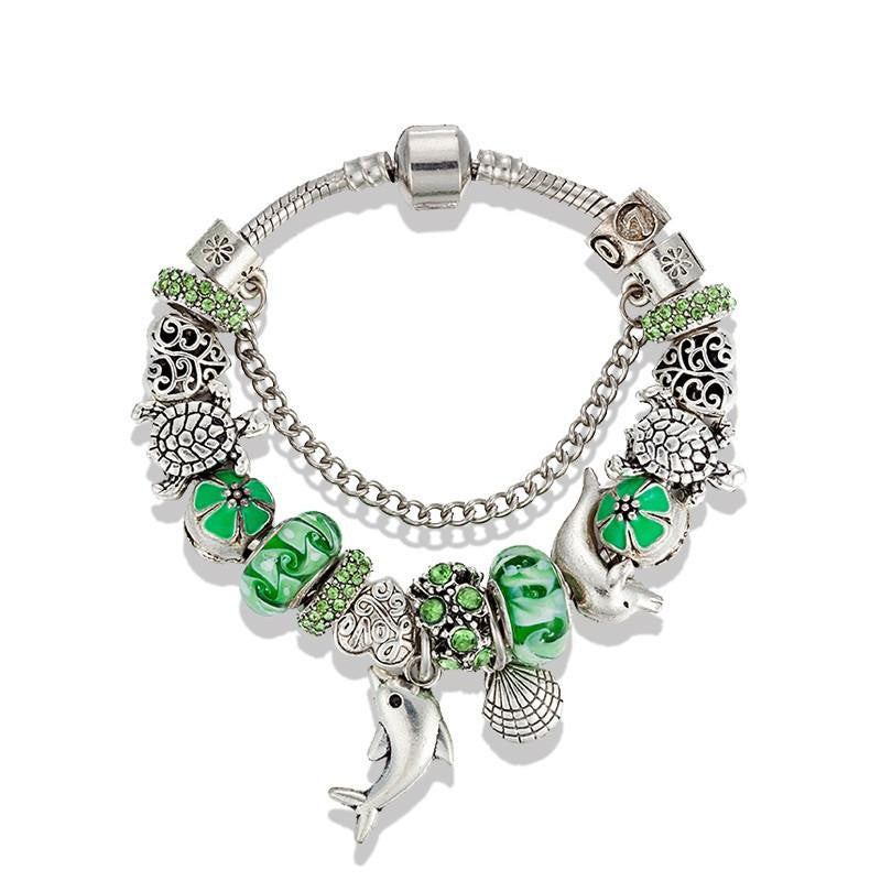 New Design Dolphins/Turtle Charm Green Glass Beads Bracelet - WikiWii