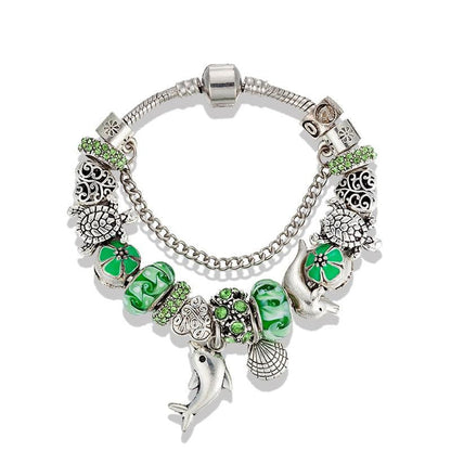 New Design Dolphins/Turtle Charm Green Glass Beads Bracelet - WikiWii