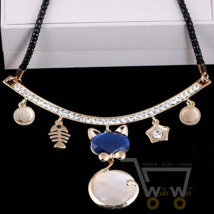 New Gold Crystal Animal Cat Necklace - WikiWii