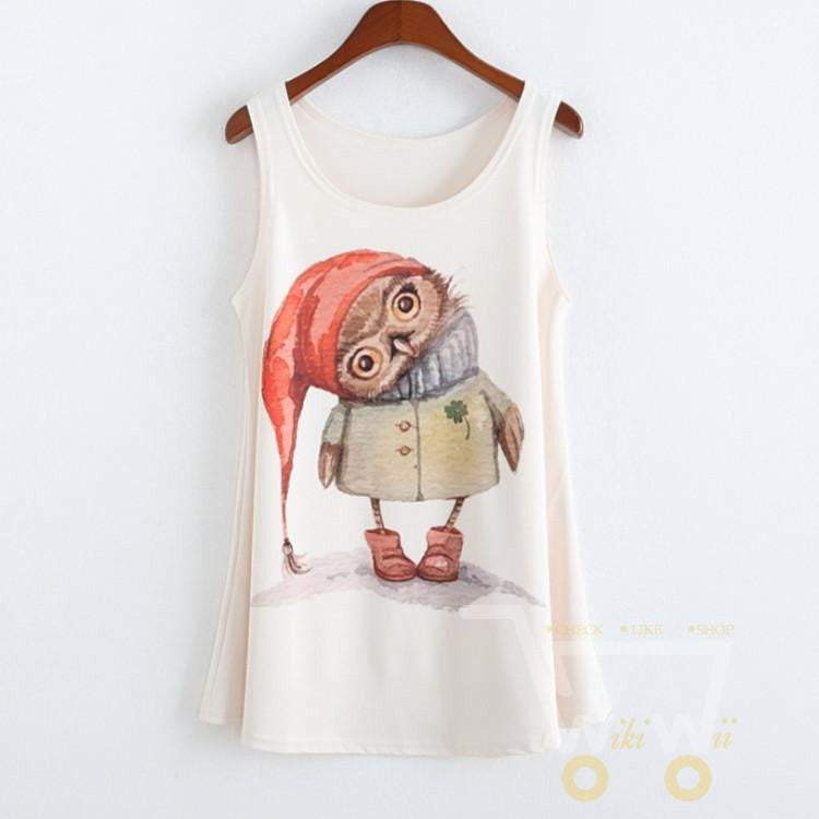 Owl Christmas Print Tank Tops T- Shirt Tee Vest ( one size ) - WikiWii