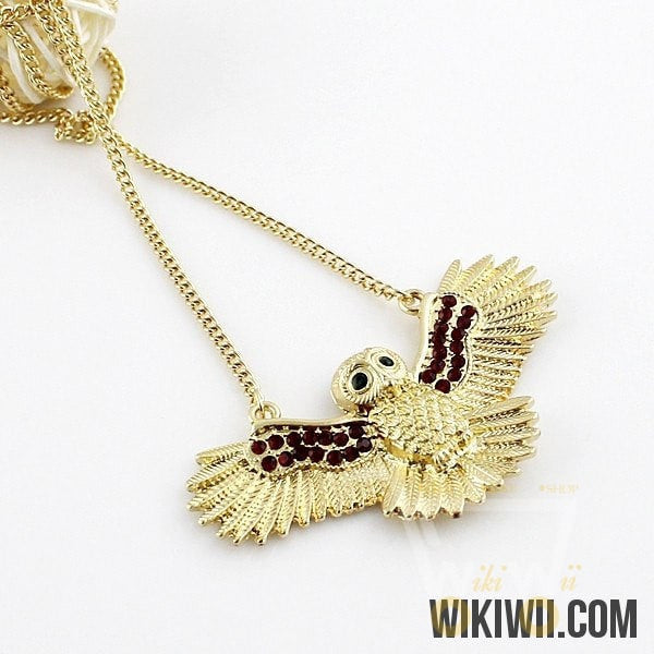 Owl Necklace Long Gold color Chain with Rhinestone Bird Necklaces - WikiWii