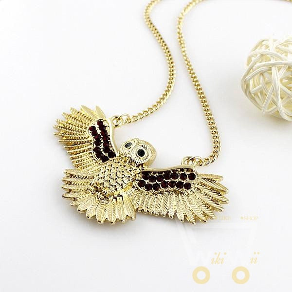 Owl Necklace Long Gold color Chain with Rhinestone Bird Necklaces - WikiWii