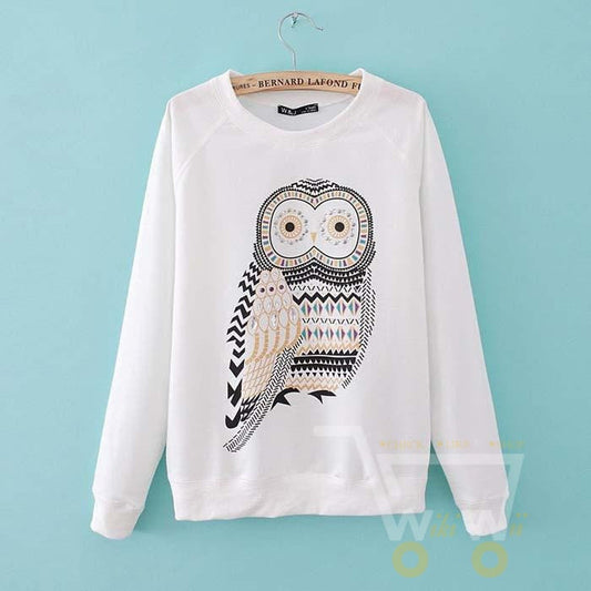 Owl Print Women Cotton Blended Cartoon Blouse - WikiWii