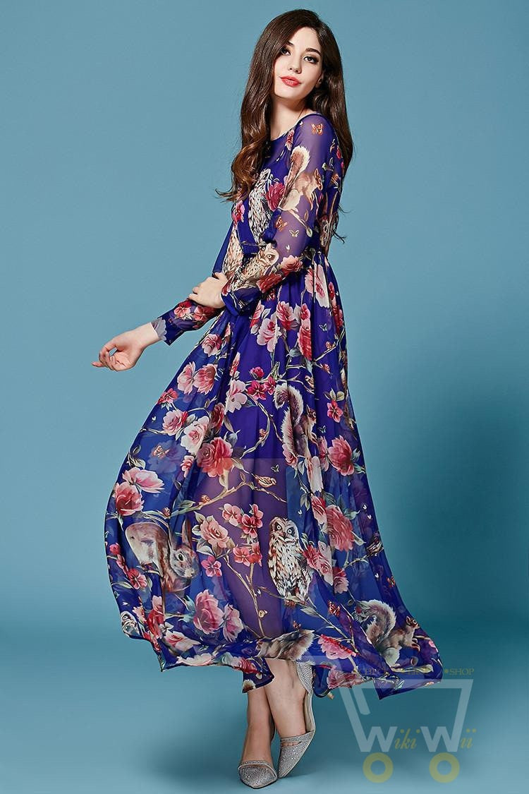 Owl Printed Elegant Long Dress - WikiWii