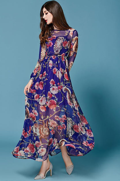 Owl Printed Elegant Long Dress - WikiWii