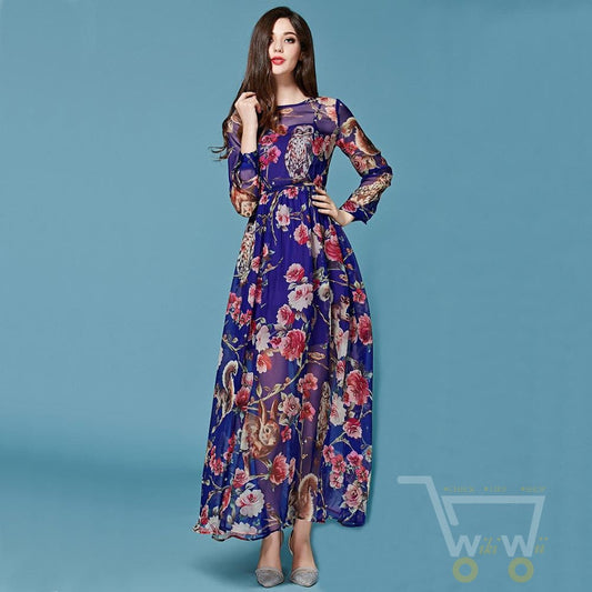 Owl Printed Elegant Long Dress - WikiWii