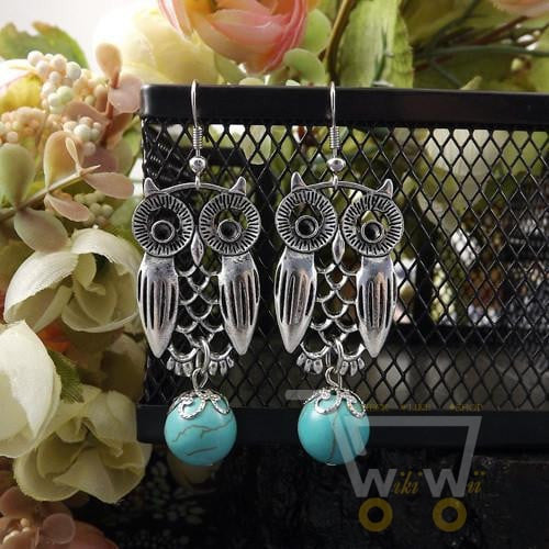 Owl Turquoise beads Silver Earrings - WikiWii