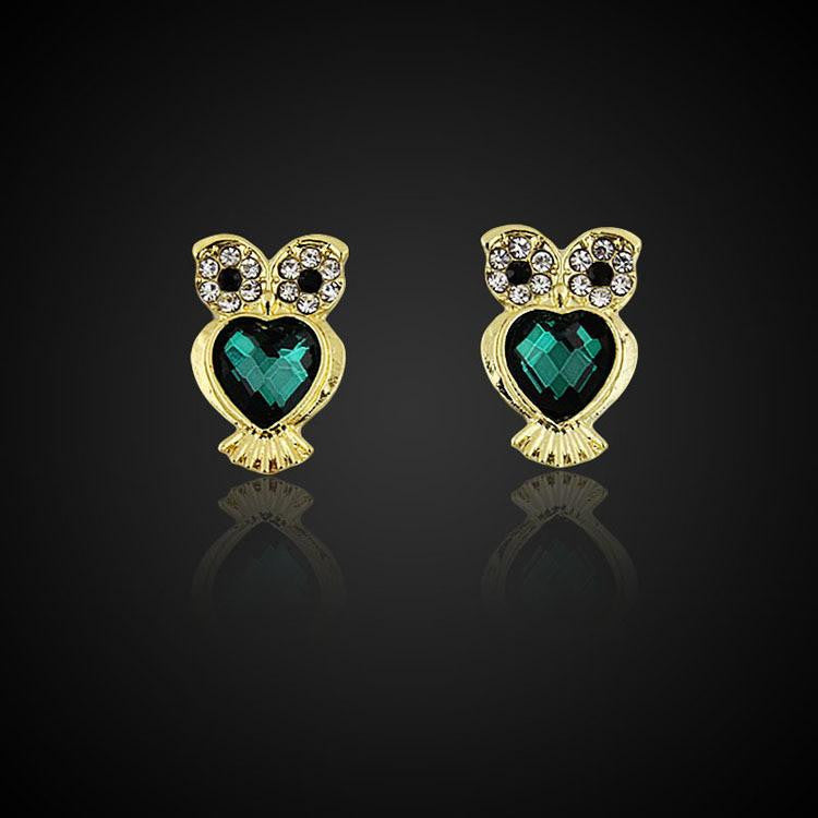 plated gold Crystal Earrings Rhinestone Stud Earrings owl - WikiWii