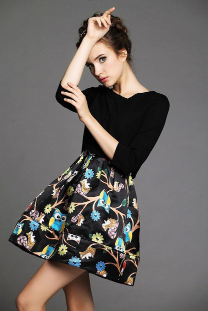 Printed sleeve crew neck symmetrical Owl dress - WikiWii