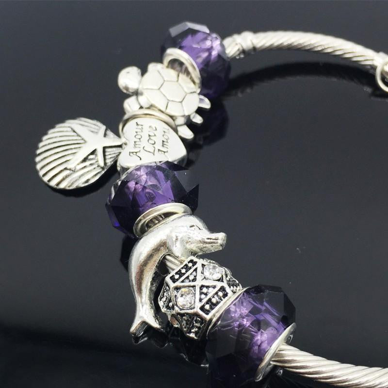 Purple Glass Beads Sea Turtle Starfish Dolphin Bracelets - WikiWii