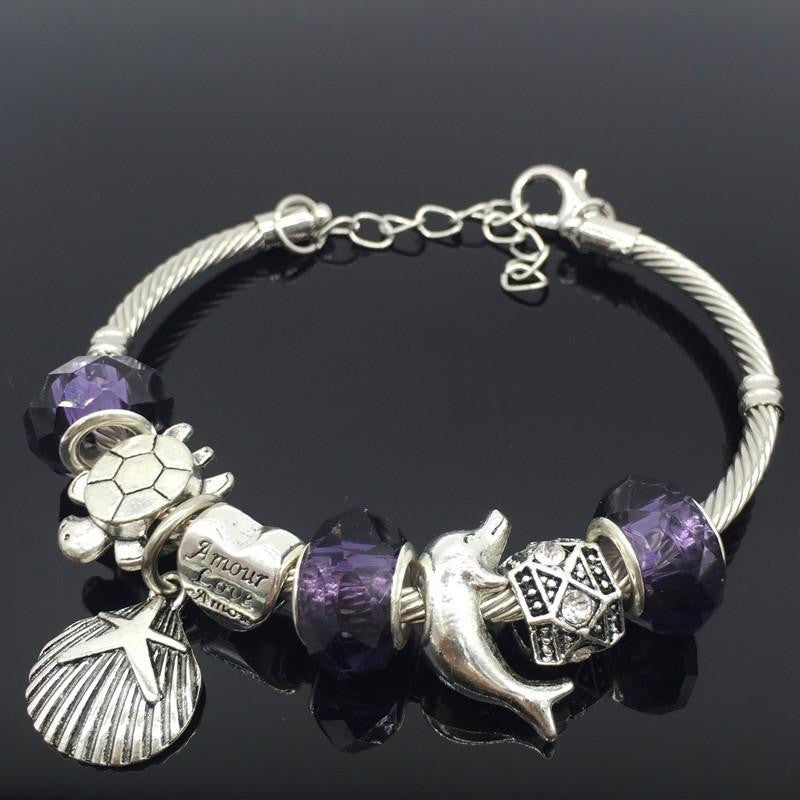 Purple Glass Beads Sea Turtle Starfish Dolphin Bracelets - WikiWii