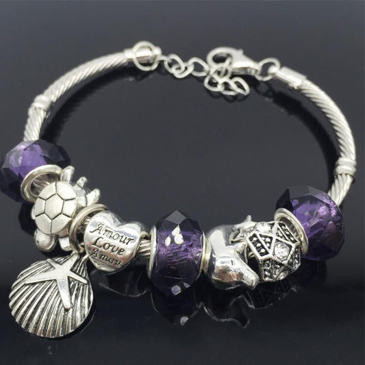 Purple Glass Beads Sea Turtle Starfish Dolphin Bracelets - WikiWii