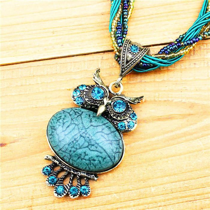 Retro Craft Antique Bronze Plated Millet Chain Owl Pendant Necklace - WikiWii