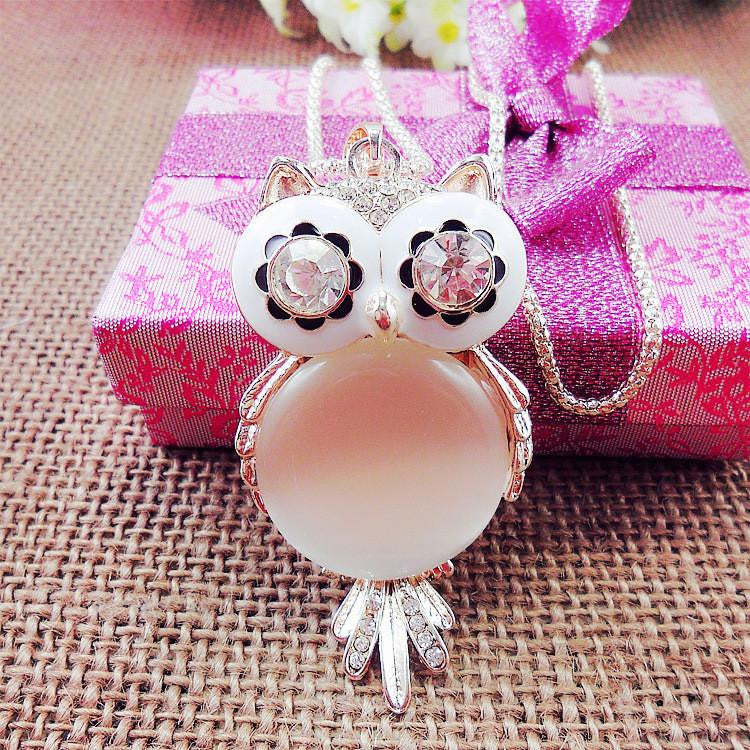 Rhinestone Crystal Sweater Chain Owl Pendant Necklaces - WikiWii