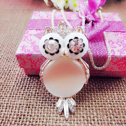 Rhinestone Crystal Sweater Chain Owl Pendant Necklaces - WikiWii