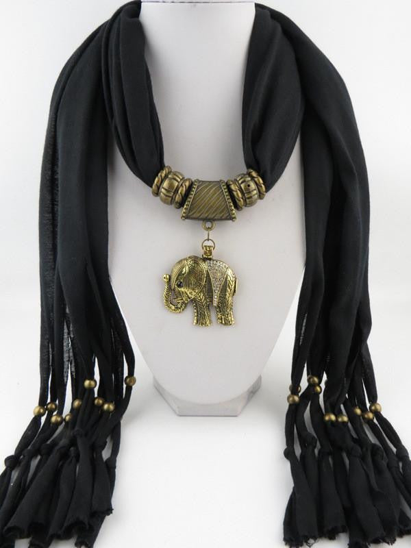 Rhinestone Elephant Pendant Necklace Rectangle Scarf - WikiWii