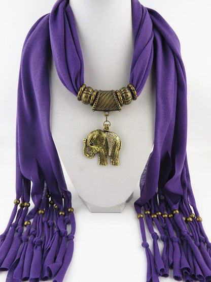 Rhinestone Elephant Pendant Necklace Rectangle Scarf - WikiWii