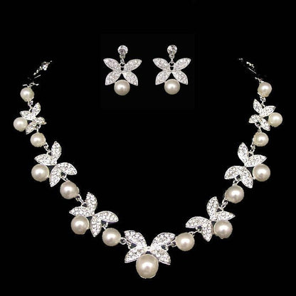 Rhinestone Pearl Butterfly Necklace & Earring - WikiWii