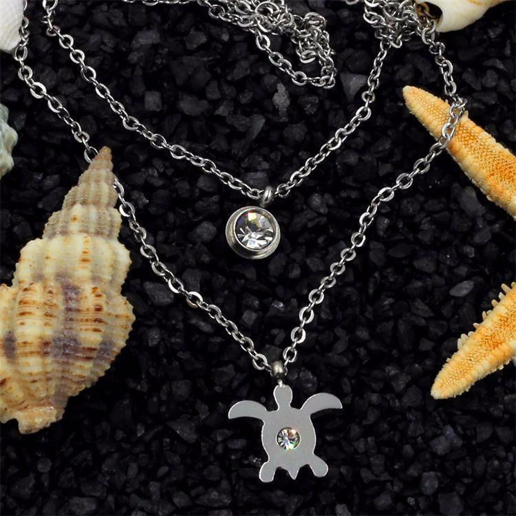 Sea Turtle Double Chain Necklace With Crystal, Gold / Silver plated - WikiWii