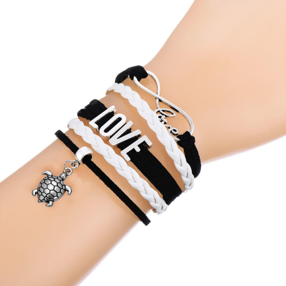 Sea Turtle & Infinity Love Charm Multilayer Braided Leather Bracelet - WikiWii